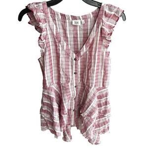 TRUE CRAFT cherry red plaid tiered fringe steampunk grunge button top sz XS